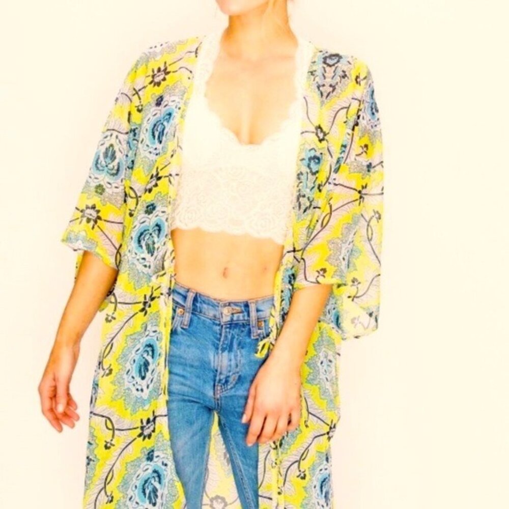 👘 KIMONO Yellow Boho Paisley Print Tie Summer 3/4 Sleeve Coastal OS Coverup